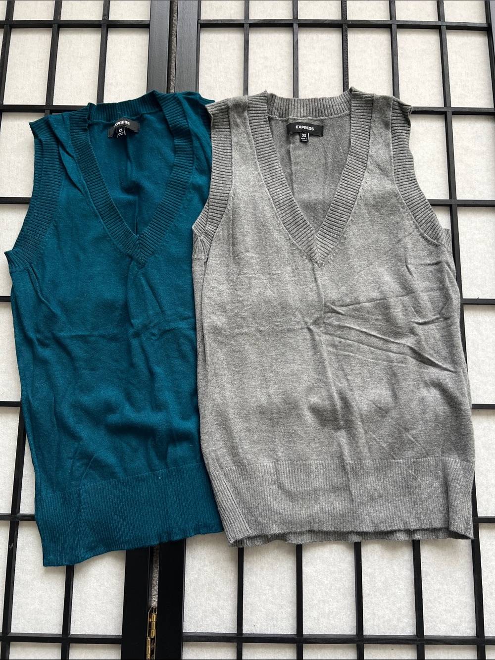 Express Women’s V-Neck Sweater Vest Teal and Gray